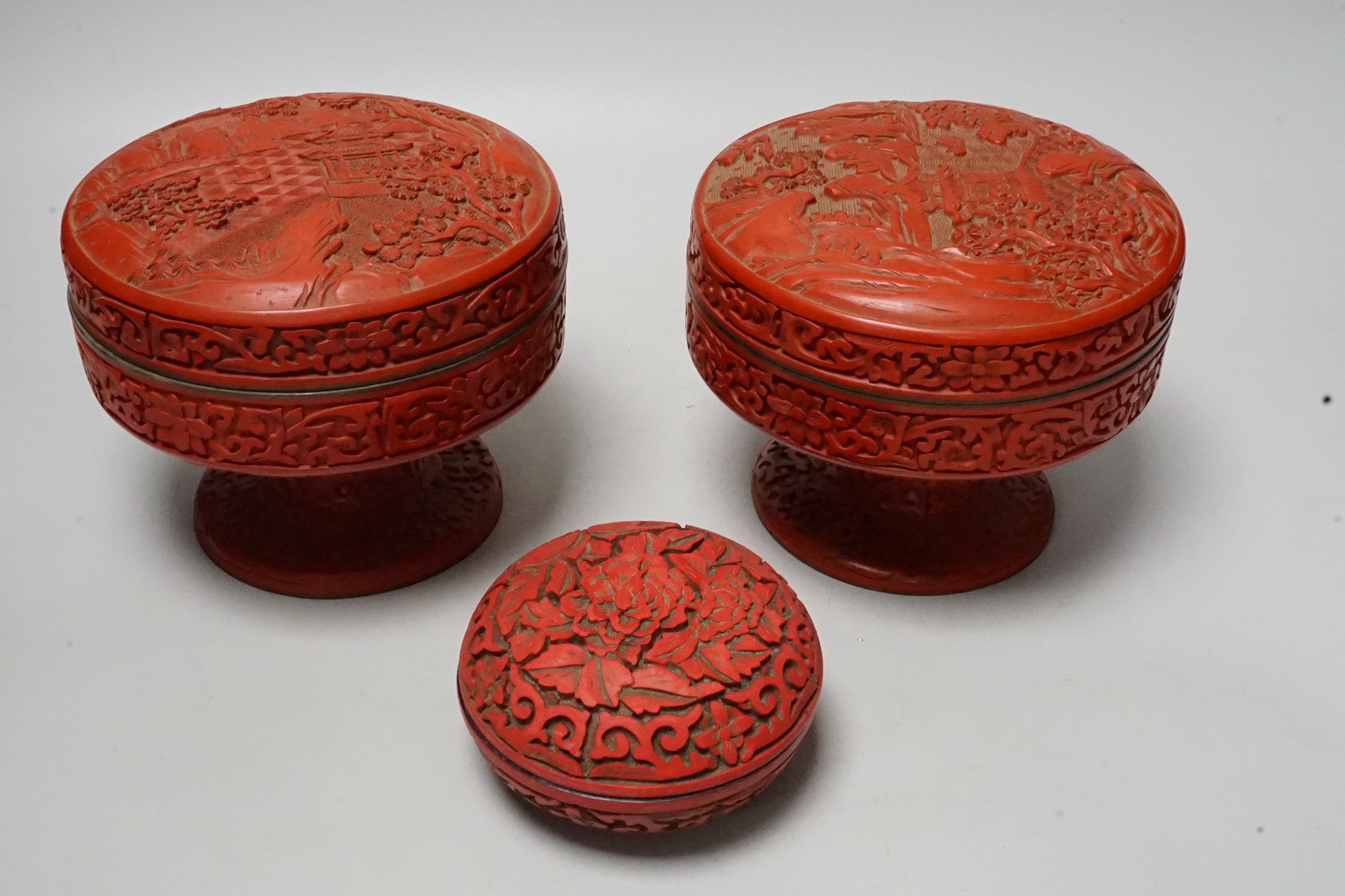 Two Chinese red lacquer stem dishes and covers and another box